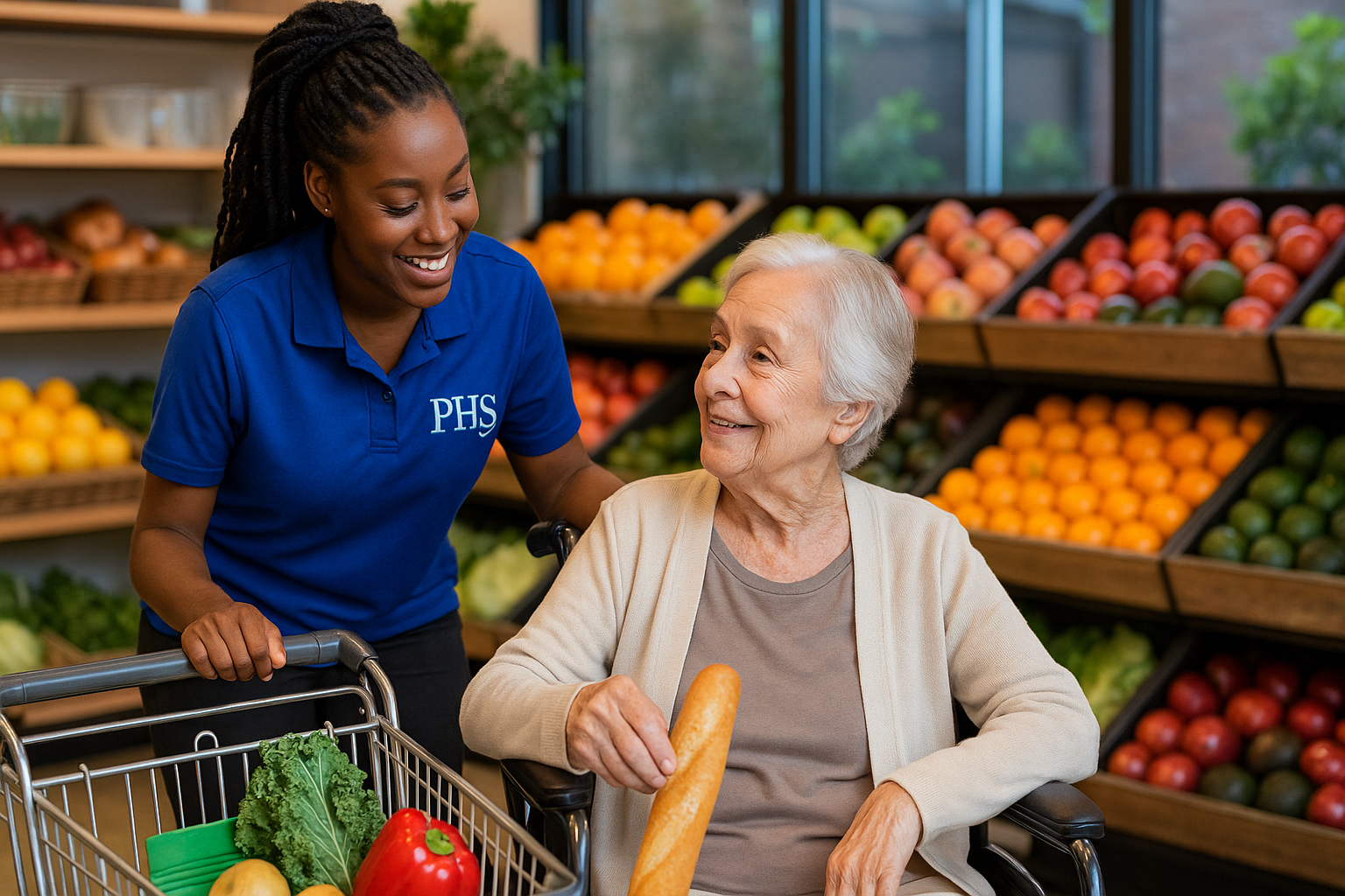 Woman shopping with smiling Carer

