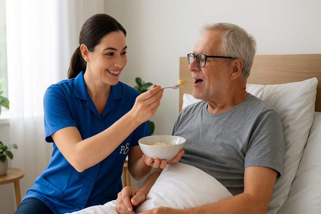 Caregiver feeding elderly man